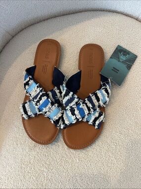 Toms Navy and Light Blue Fringed Crossband Slide Sandals